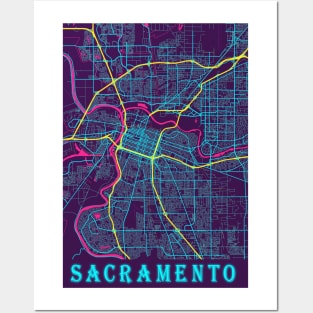 Sacramento Neon City Map, Sacramento Minimalist City Map Art Print Posters and Art